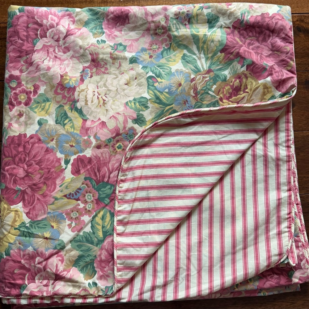 Custom Handmade Cotton Floral & Pink/Ivory Stripe Reversible Full Duvet Cover.